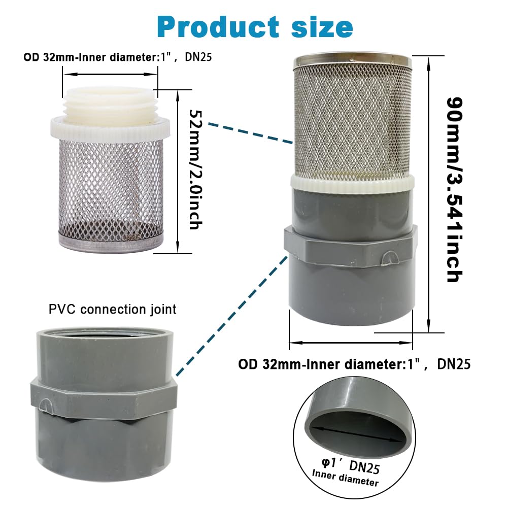 1 inch Stainless Steel Filter Cover Connected to 1 inch/DN25 Grey PVC Filter Water Pipe, Vent Cap Suction Strainers Used to Remove Debris and Reduce
