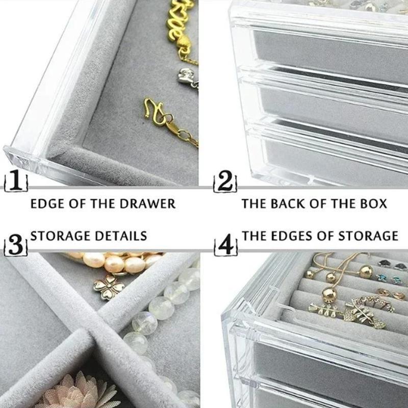 Velvet Jewelry Organizer With 3 Drawers Stackable Display Storage Earrings Necklace Bracelets Box