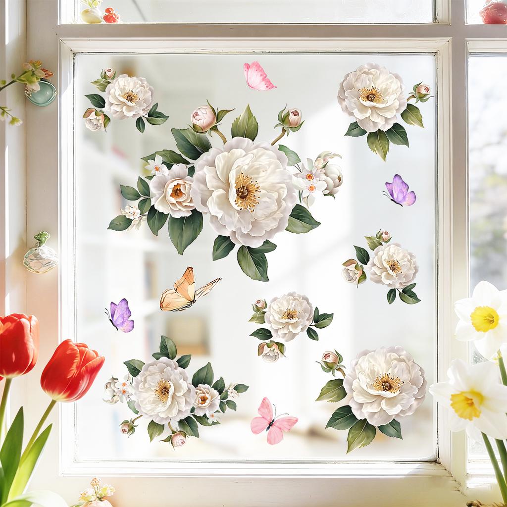 Elegant White Peony Static Cling Window Sticker Self-Adhesive Waterproof Removable Living Room Bedroom Glass Home Decor Art