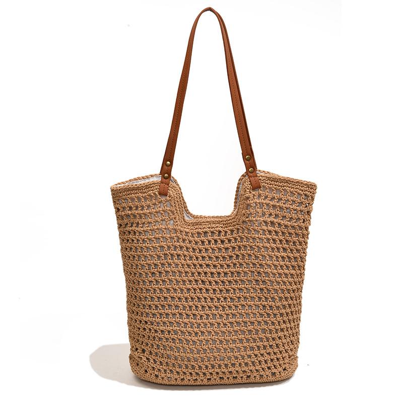 

New large-capacity shoulder cotton thread woven bag New hollow reticulated tote bag Seaside vacation beach bag хакі