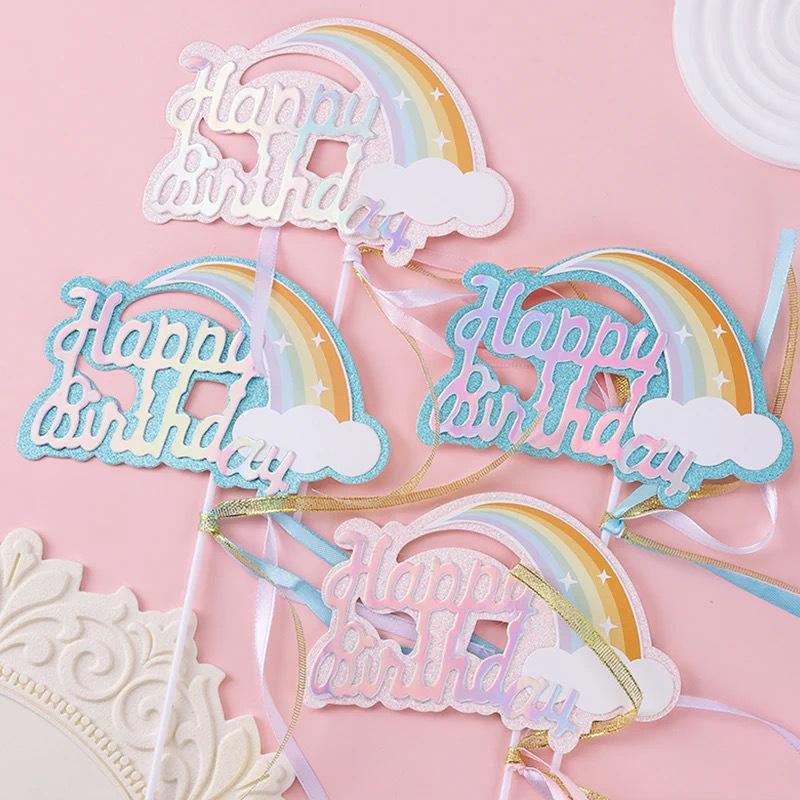 Funkelnde Regenbogen-Geburtstagstorten- und Cupcake-Topper mit Laser-Quasten und Wolken