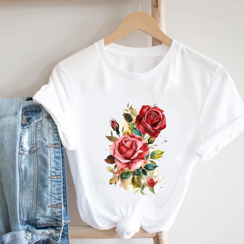 (European Size)  90s Print Tee Women Peace Flower Trend Cute Top Clothing Fashion T-shirt Lady Female Casual Short Sleeve Graphic T-shirt