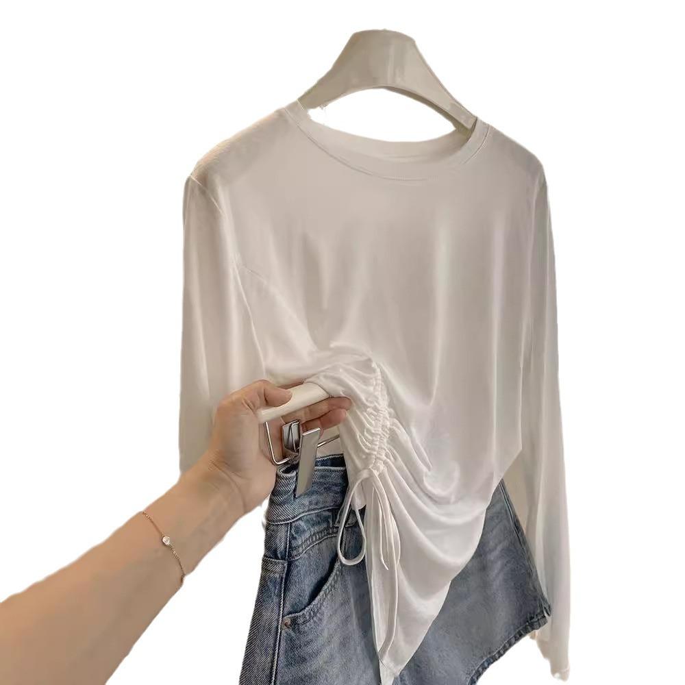 QFD-Irregular Drawstring Micro-Transparent Long Sleeve T-Shirt - Comfortable, Loose, Sun Protection Summer Cardigan