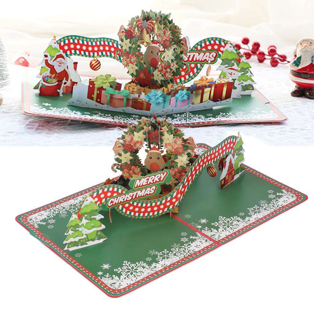 3D Christmas Greeting Card Christmas Wreath Shape Hand Carved Paper Blessing Message Card with Envel