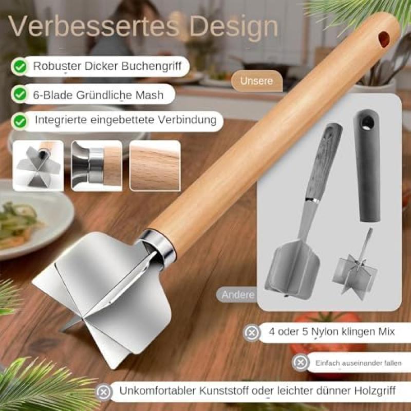 Kitchen Multi-Purpose Meat Mincer - Wooden Handle Food Masher, Sturdy for Meat, Potatoes, Chicken, Ideal for Home Kitchen and Restaurant Use