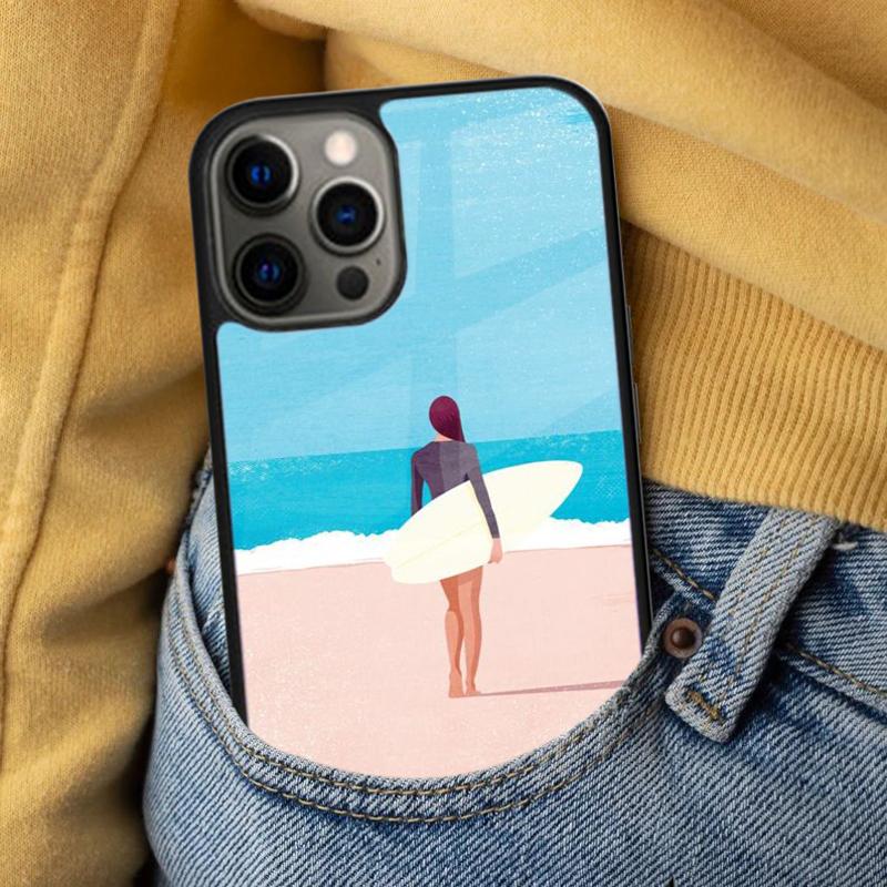 Surfboard Surfing Art Surf Girl Soft Phone Case for iPhone 17 Air 16e Pro Max 15 Pro 13 14 Plus 11 12 MagSafe Magnetic Coque