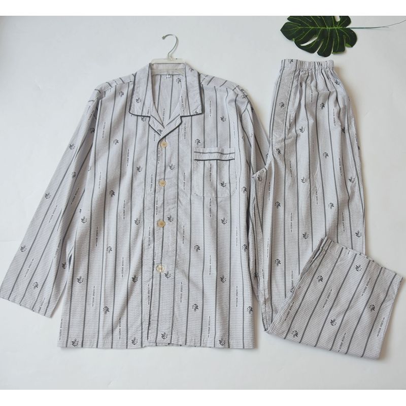 Foreign Trade High Quality Cotton Men's Pajamas Thin Plus size Simple Cotton Print Long sleeve Loose Home Wear Set