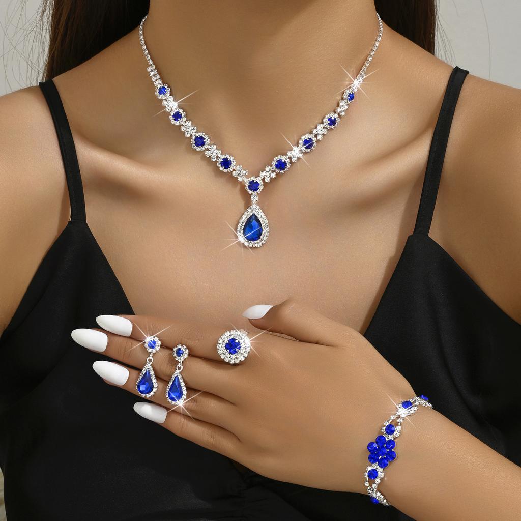 4PCS Copper Color Crystal Drop Necklace Earrings Bracelet Ring Jewelry Set for Women Rhinestone Wedding Party Accessories