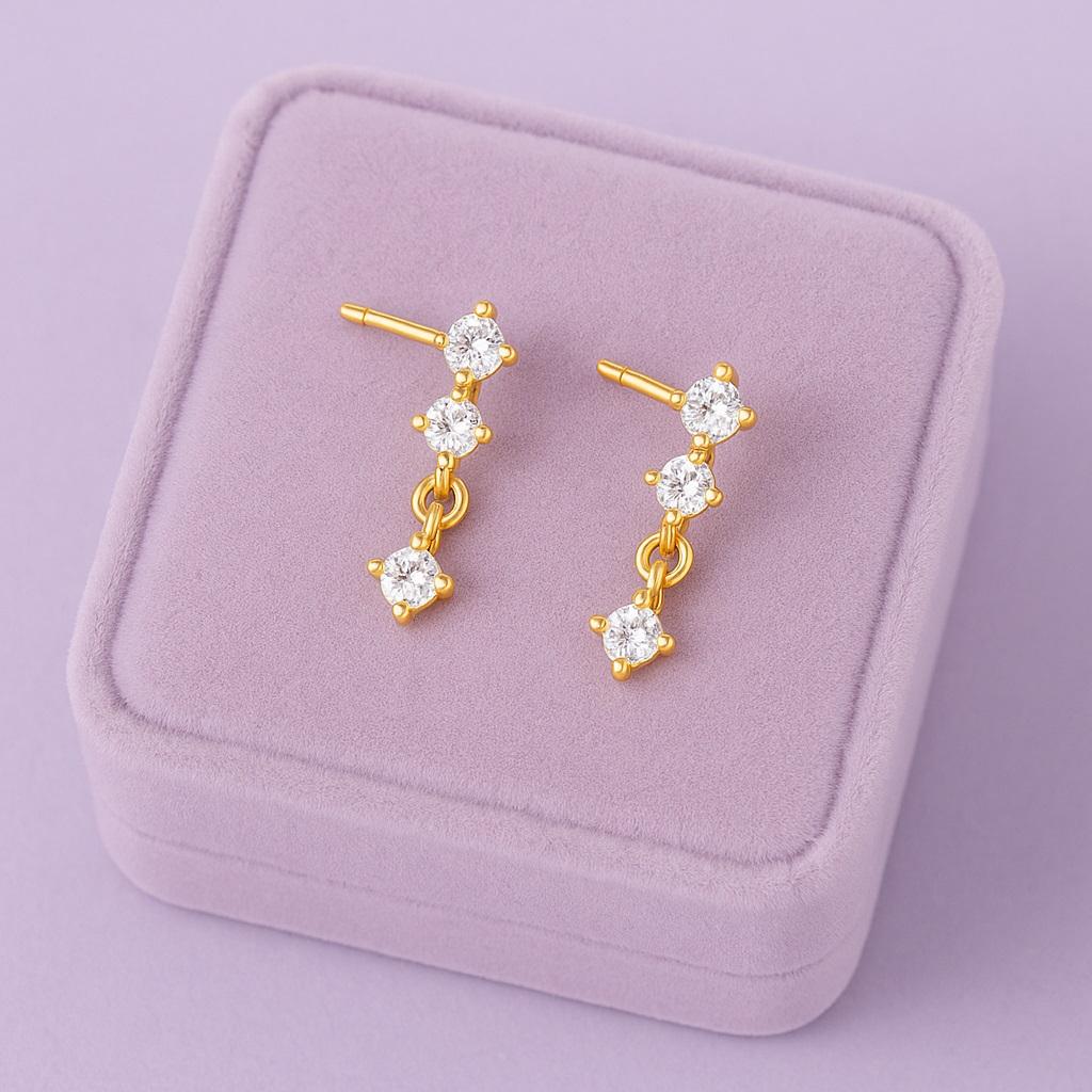 Triple Stone Minimal Drop Earrings - 925 Sterling Silver Gold Plated