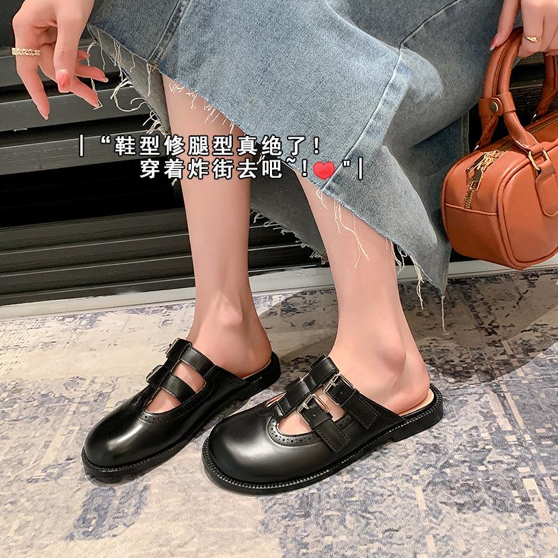 

2025 лето новые круглый носок двойная пряжка ленивые тапочки голова Мюли женские толстая подошва для улицы крутые тапочки 40