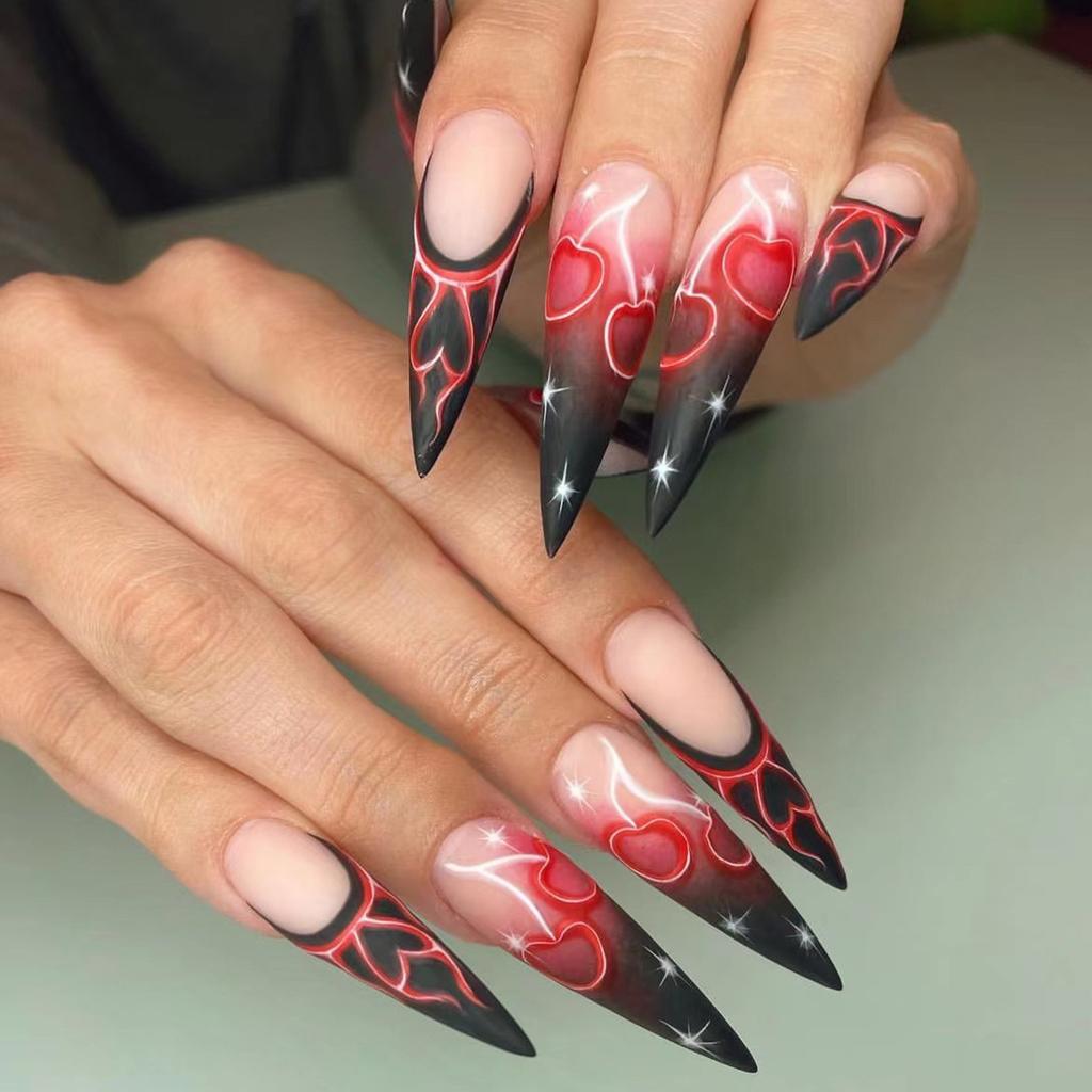 24 Pcs Black Long Almond Press On Nails Halloween Ghost Pumpkin Pattern Stiletto Fake Nail Tips