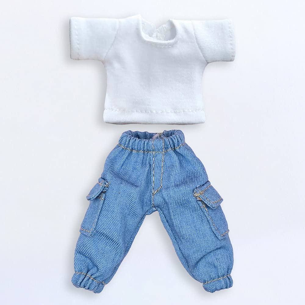 niannyyhouse OB11 Size Obitsu Doll 11cm Body T-Shirt + Pants 2-Piece Set, Plain T-Shirt, Doll Clothes, Overalls, 112 BJD Doll Clothes (White + Blue)
