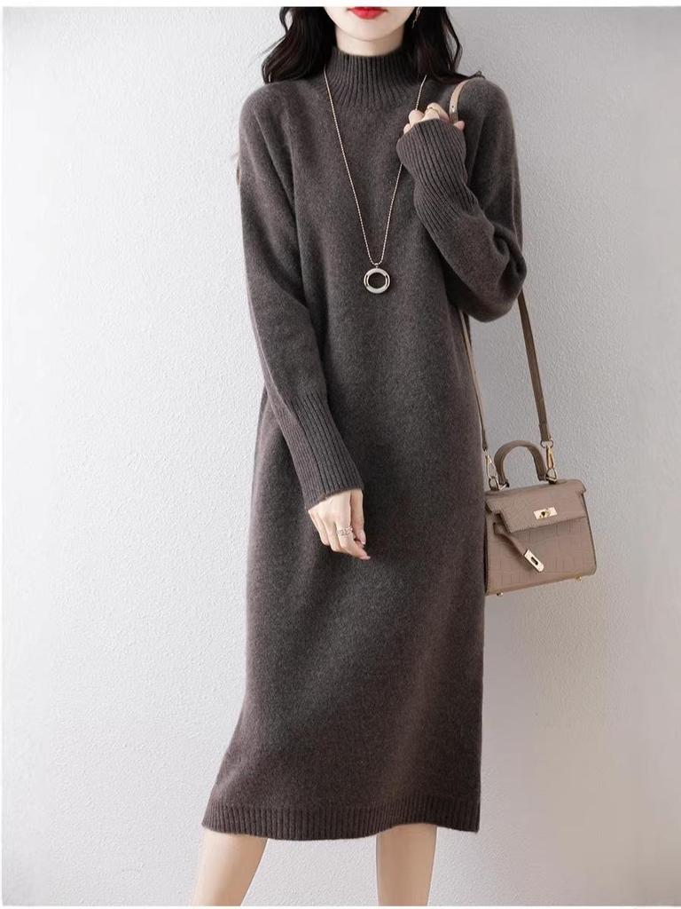 Women's Slim Fit Knit Sweater Dress, Half-High Collar, Over-the-Knee, Long Skirt, Mid-Length, Base Layer.