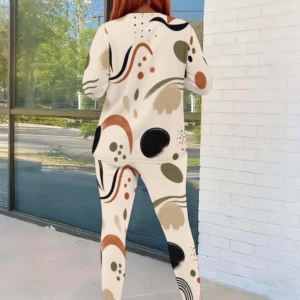 Women Plus Size Round Neck Long Sleeve Printed Top And Fitted Pants Two Piece Set