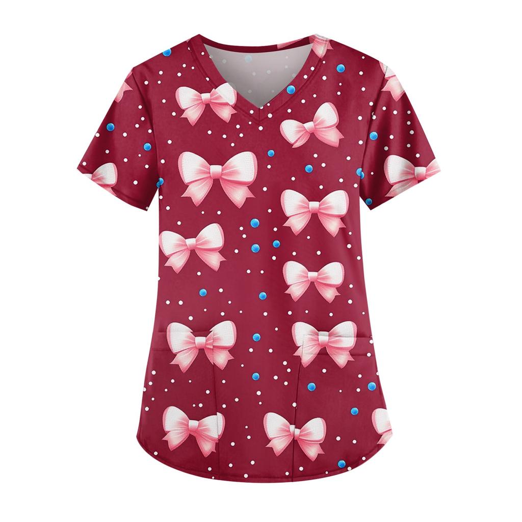 Women's Cute Printed Work Clothes V-neck Double Layer Pockets Basic Short Sleeve Top Pullover Christmas