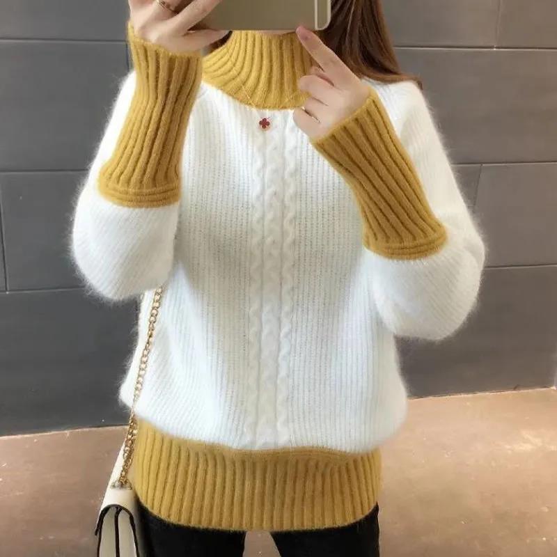 

Sweater women s fashion color matching semi-turtleneck sweater women s new loose pullover warm sample cloth yellow S