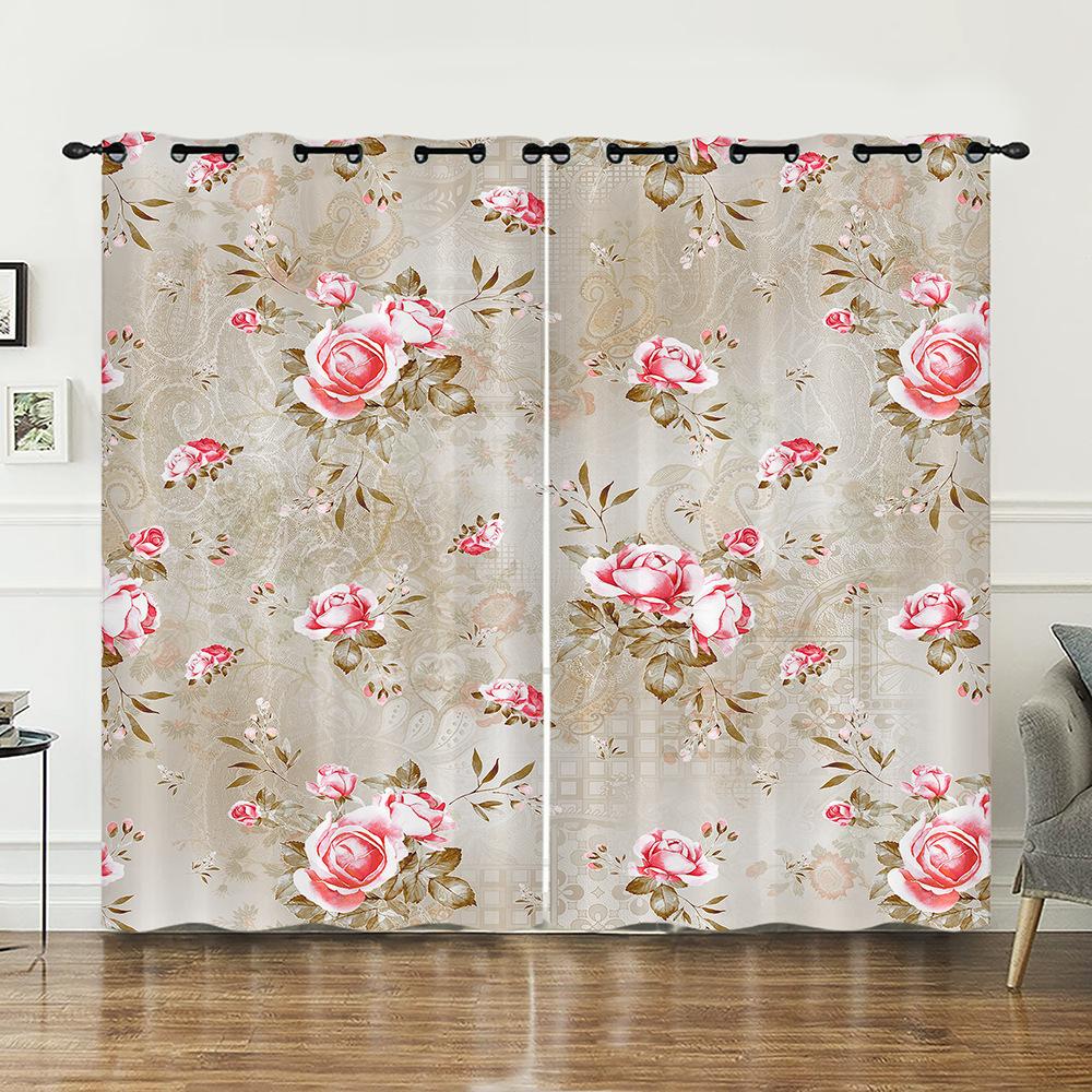 Curtains Court Pattern Retro Flower Curtain Digital Printing Blackout Curtain No Punching
