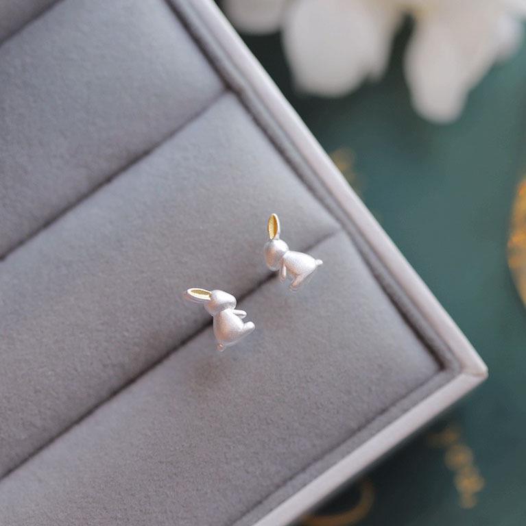 Mini Zodiac Rabbit Ear Studs, S925 Sterling Silver, White Gold-Plated