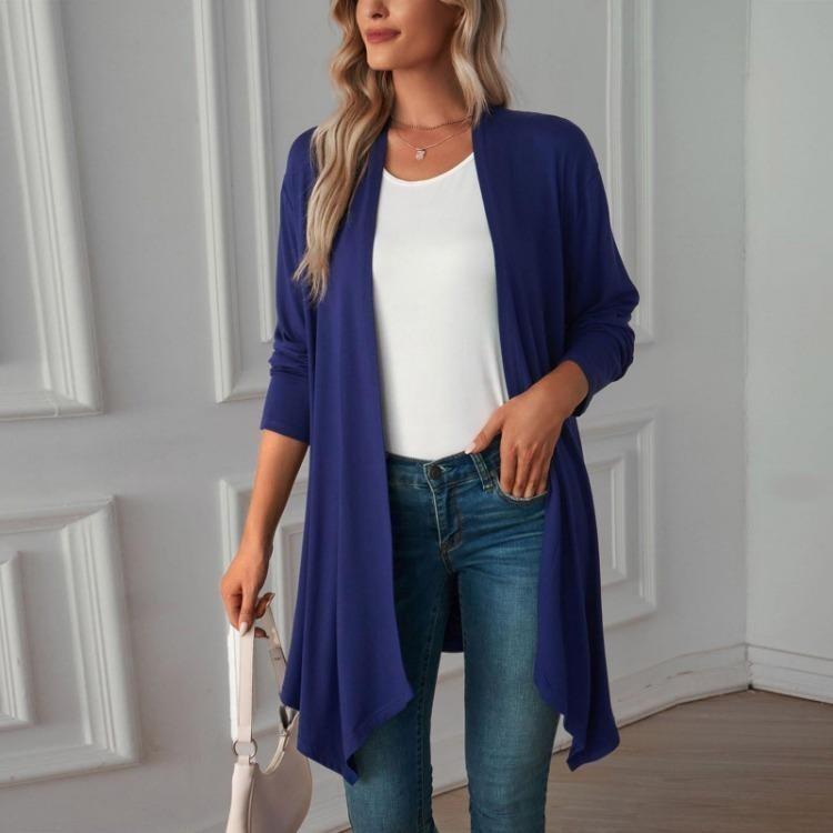 Einfarbige leichte Strickjacke mit langen Ärmeln für Damen
