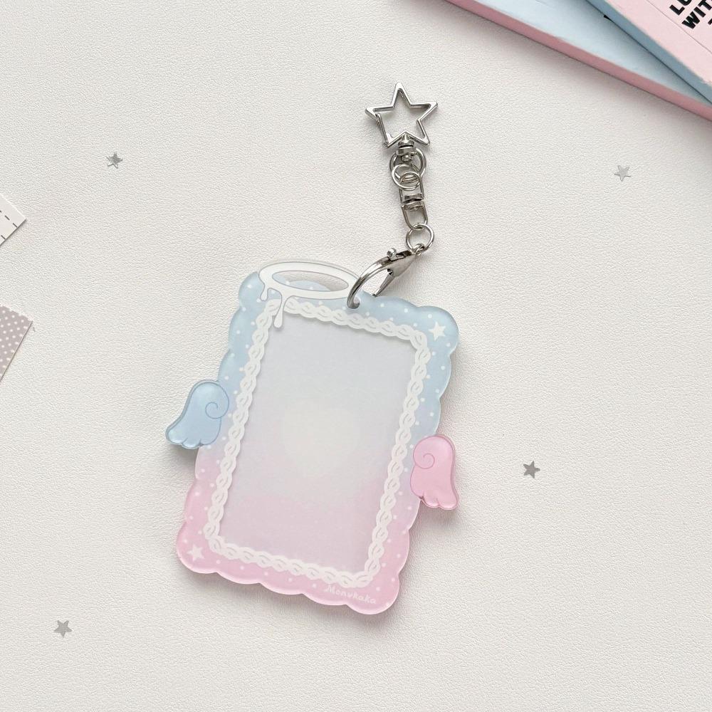 Kawaii Acrylic Photocard Holder Angel Wings with Star Keychain Card Sleeve Hard Card Protector 3-inch Photos Card Cover