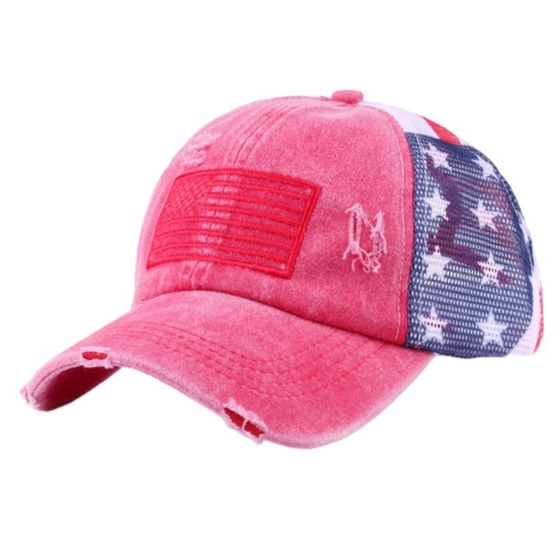 Distressed Wash Cotton Baseball Hat with Star Print Curved Brims Mesh Ponytail Sun Hat for Patriotic Women Teens Girl