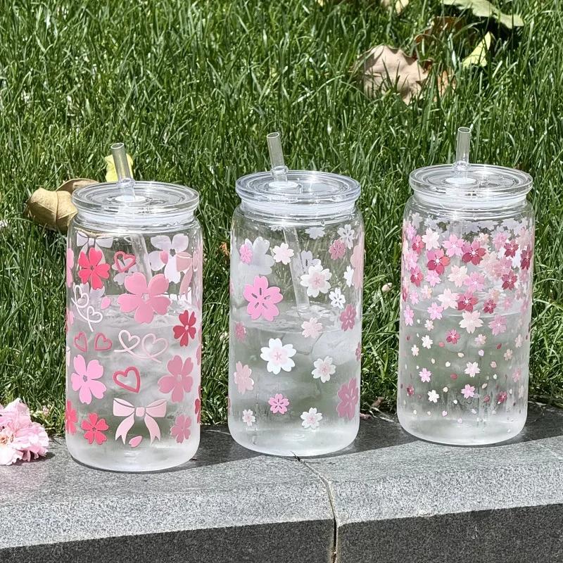 16oz Reusable Plastic Cup with Straw Lid Cute Bow Cherry Water Bottle Iced Coffee Juice Milk Mason Cups Drinkware Holiday Gifts
