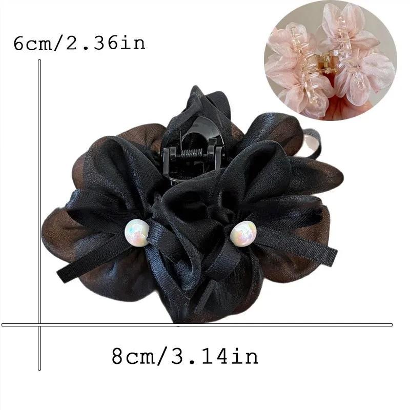 Retro Mesh Double Flower Hair Clip for Woman Sweet Pearl Bow Shark Clip Fashionable Girl's Back Head Hair Clamp