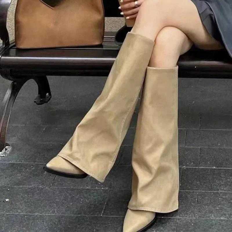 Fashion Women Chunky High Boots Pointed Toe Shoes Sexy Lady Dress Gladiator Autumn New 2024 Trend Retro Fad Woman Boots Goth Botas Mujer