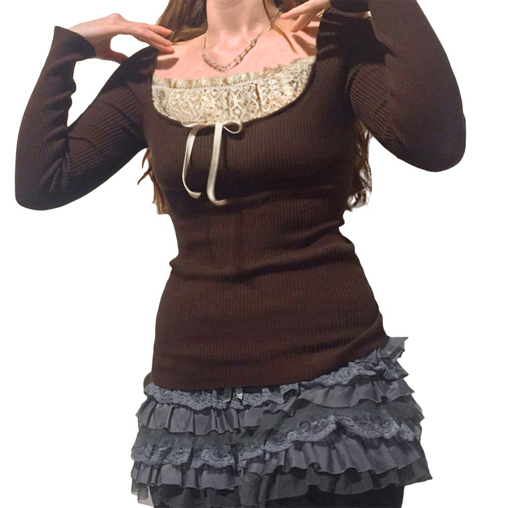 Women's Long Sleeve Knitted Tops, Lace Stitching Neckline Knitwear, Bowknot Decoration Slim-Fit Casual Pullover