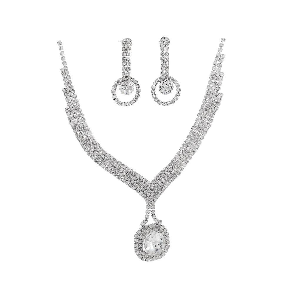Elegant European & American Rhinestone Jewelry Necklace & Earring Set серебряный