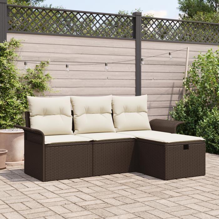 Set de 4 pièces de canapés de jardin avec coussins marron en poly rotin, Canapé de jardin 2 places avec rangement et 3360179