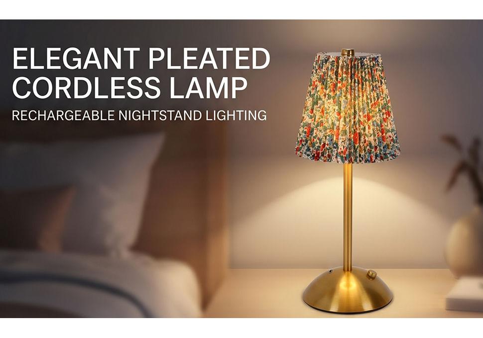 Pleated Table Lamp Cordless Rechargeable Battery Operated Nightstand Lamp with Flowers Lampshade for Bedroom Living