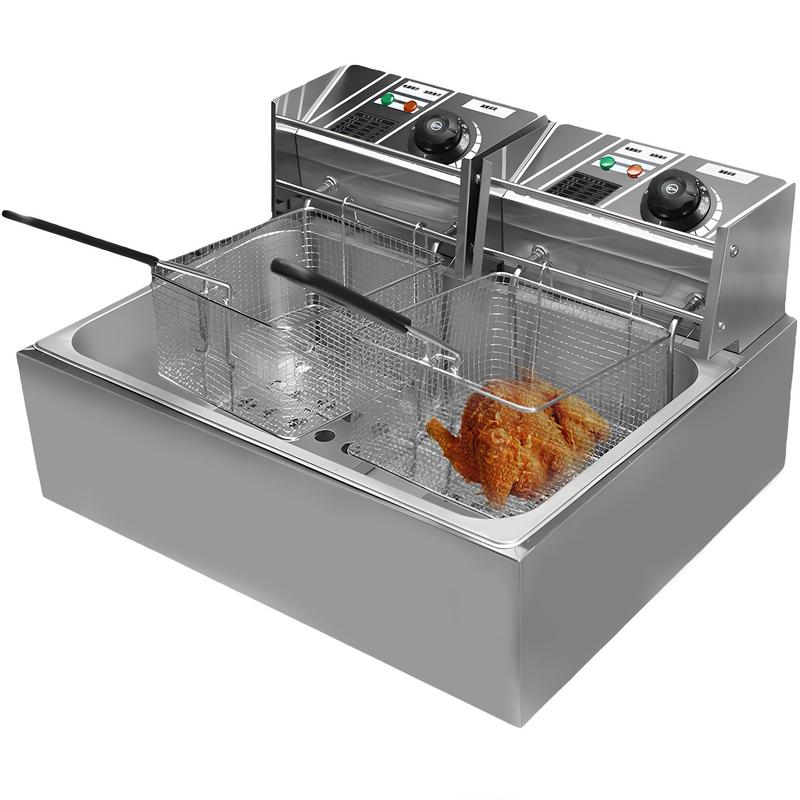 Deep Fryer Pot Electric 110V Commercial Double Stainless Steel Chicken Wings Fryers with Baskets and Temperature Control Kitchen