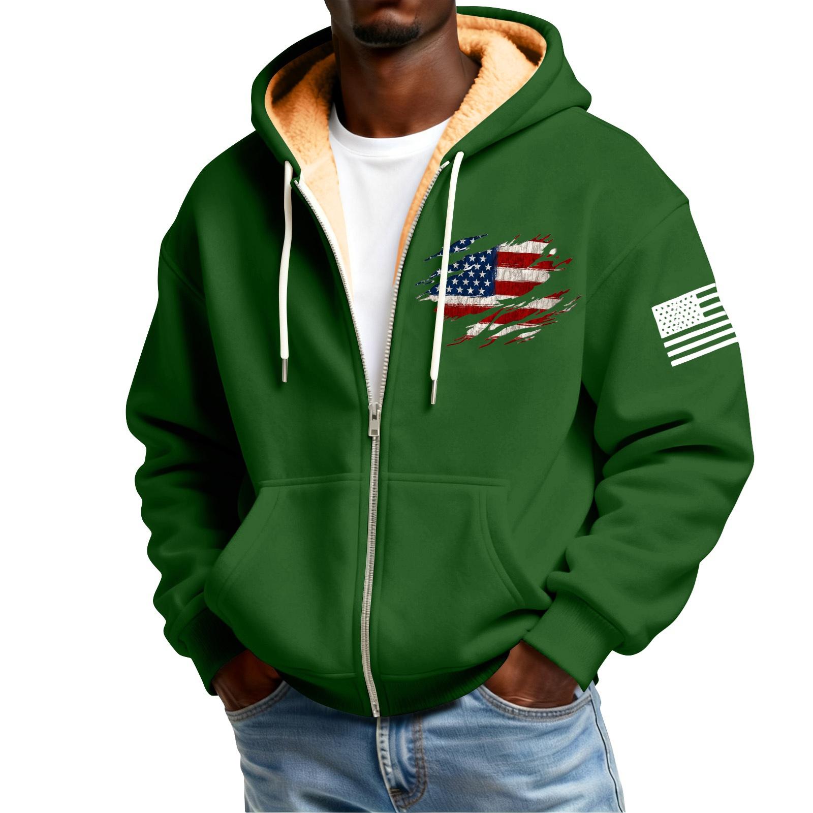 Мужской флисовый кардиган с капюшоном на молнии и карманами с принтом флага, мужской повседневный кардиган XXXL