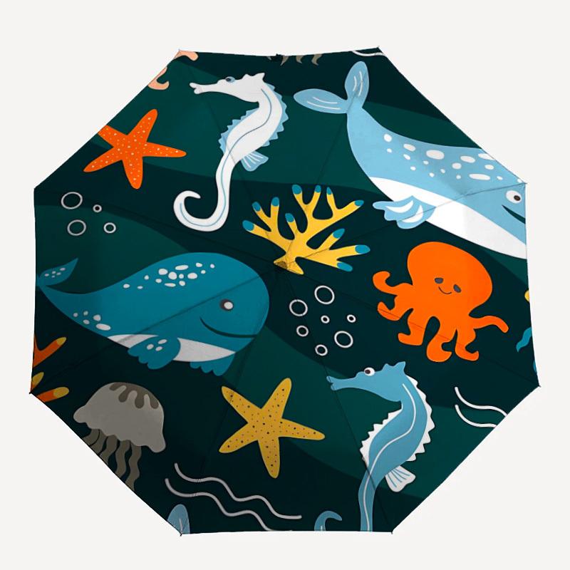 1pc Ocean Creatures Automatic Folding Umbrella, 8-Rib Durable Iron Frame, Compact Travel Umbrella for Women & Men 013