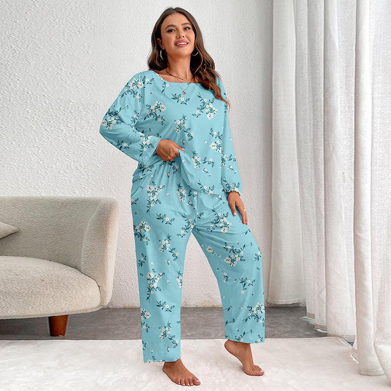 Frühling Herbst Übergröße 5XL Damen Blumenmuster Pyjama Set Zweiteilige Nachtwäsche Loungewear Kurzarm Oberteil und Hose Pyjama Damen Pijama Homewear