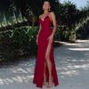 2026 V Neck High Split Long Summer Elegant Slip Dress Women Sexy Backless Bandage Evening Party Dresses Solid Color A-line Slim Fit Hot Girl Clothing