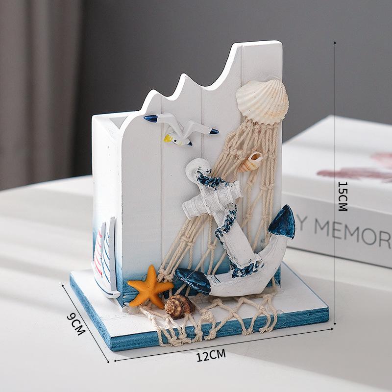 Mediterranean style creative pen holder storage box, ocean style home wood office desktop decoration gift