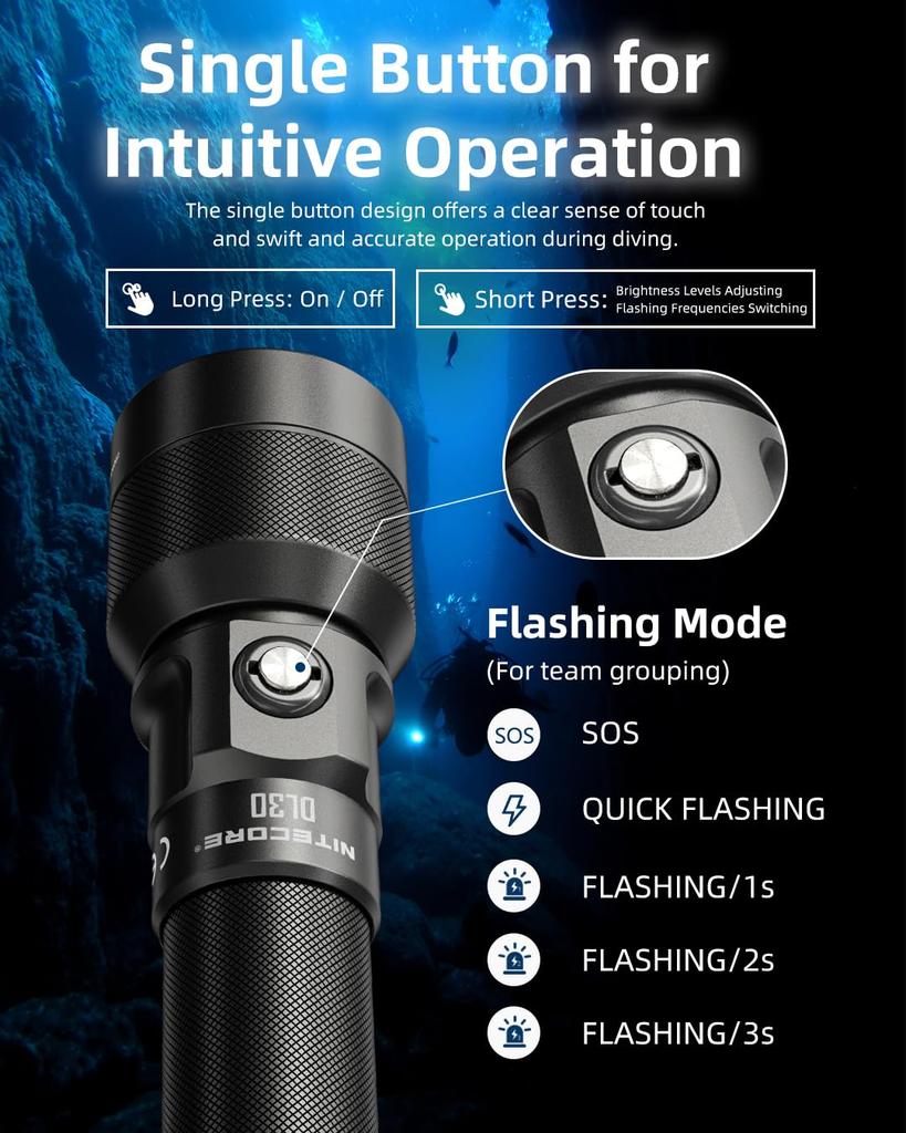 Nitecore DL30 Diving Light, 1100 Lumens, 100 Meter Depth, USB-C Rechargeable, Long Throw, Spot Beam, IP68 Waterproof