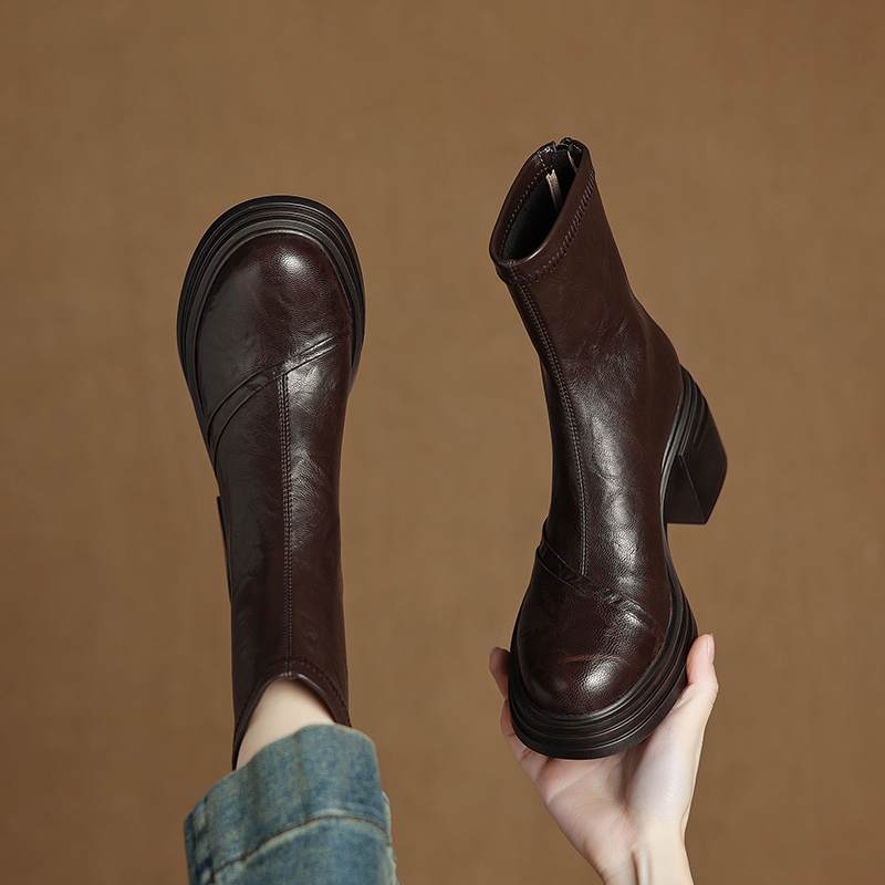 Krazing Pot Sheepskin Winter Round Toe Modern Platform Boots Thick High Heels Zipper Women Ankle Boots