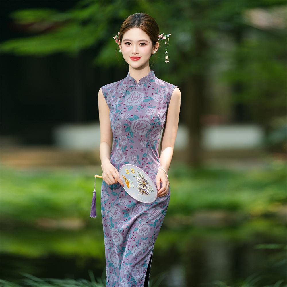 Premium retro improved cheongsam 1011 young girl purple mesh sleeveless slim temperament dress summer