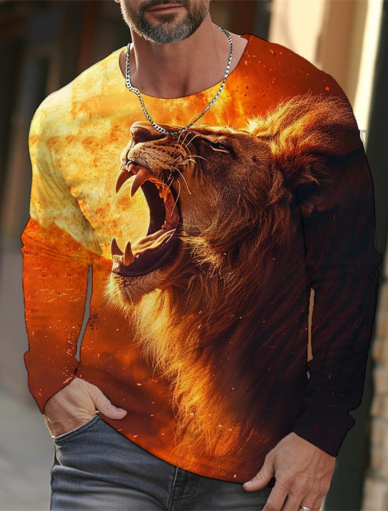 Camiseta de manga larga con estampado de león para hombre, ropa informal para hombre, camisetas de moda con estampado 3D completo de animales, ropa de calle