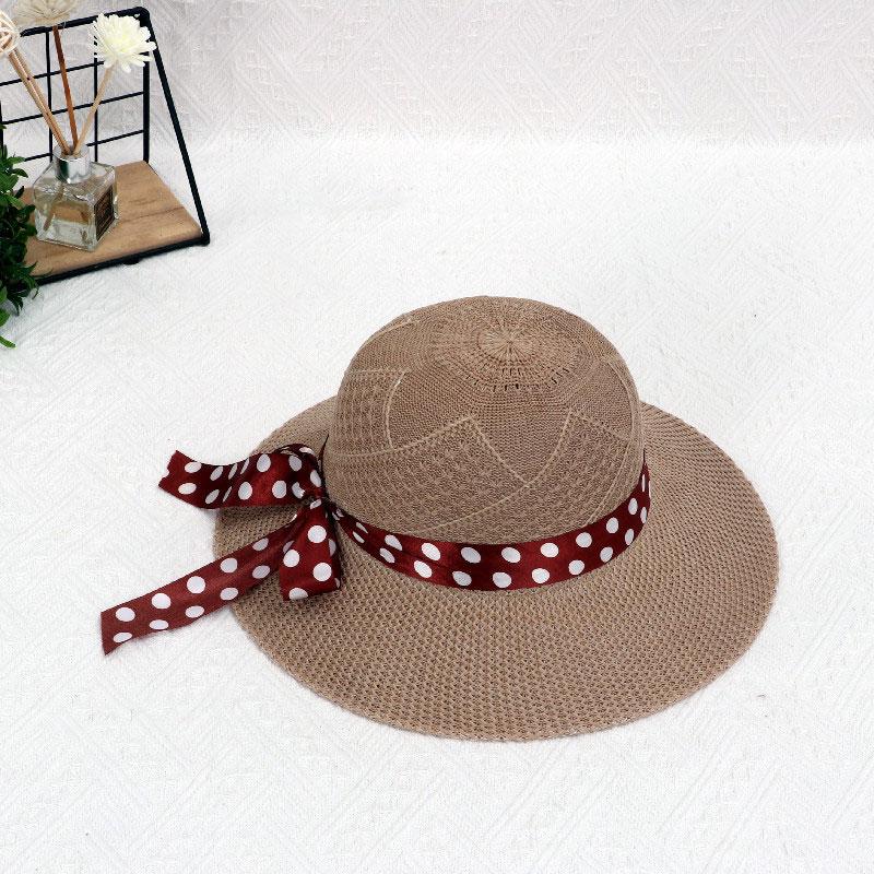 Fashion Dot Ribbon Bowknot Straw Hat for Women Summer Travel Beach Mesh Breathable Large Brim Sunshade Cap Girls Fisherman Hat