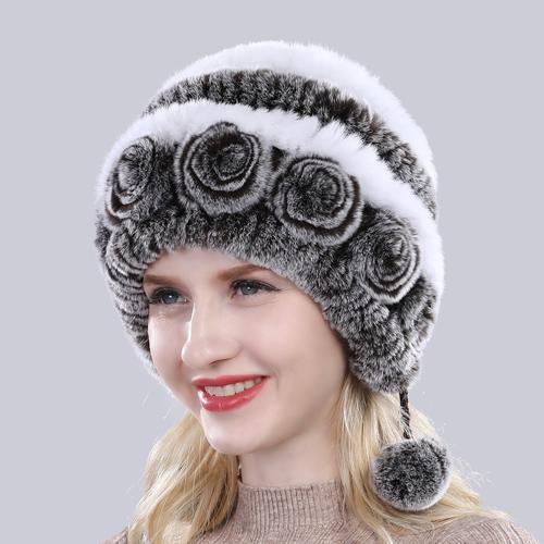 Sale Winter Women Flowers Striped Natural Real Rex Rabbit Fur Hats Lady Warm Knit Genuine Fur Caps Russian Outdoor Fur Hats