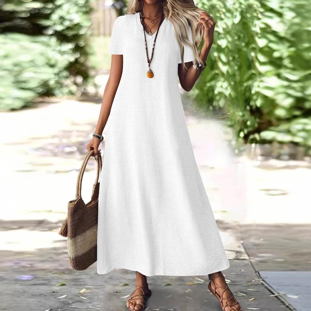 Women's Fashion V-Neck Short Sleeve Solid Color Zipper Casual Vacation Long Dress Cotton Linen Dresses