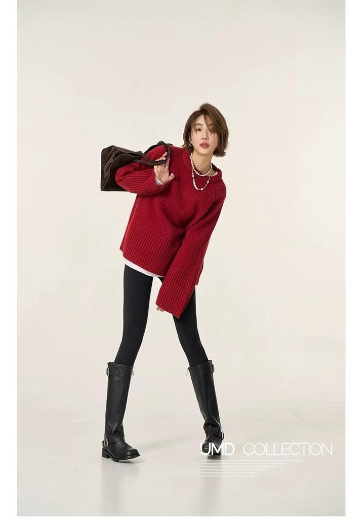 Encorela Women's Red Round Neck Pure Wool Sweater - Loose, Thick, Cozy Knit