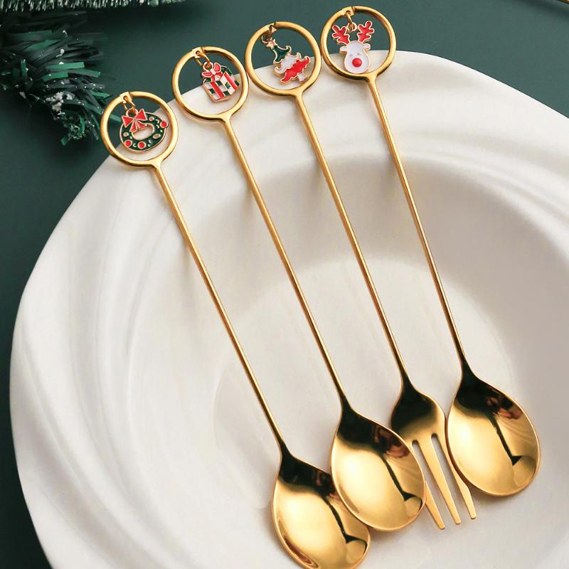 HANYANG Stainless Steel Christmas Dessert Spoon and Fork Gift Set Fruit Fork Father Christmas Coffee Spoon Hotel Household Tableware
