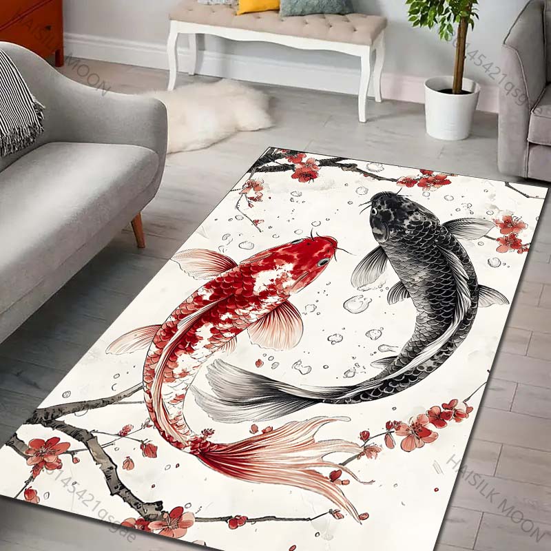 Multiple sizes Red and black koi with blossoms Carpet for Living Room Bedroom Sofa Home Decor Rug Non-slip Floor Mat Luxury Gift