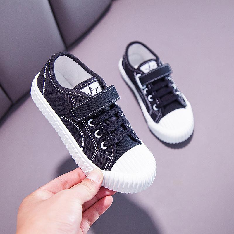 

New boys and girls biscuit bottom white canvas shoes baby breathable soft baseplate shoes dead silent student black classmate 30 yards inner length 19.5CM