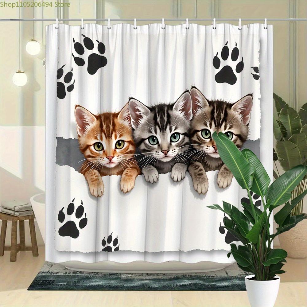 1pc Adorable Kitten Shower Curtain - Realistic Orange, Gray, and White Kittens Peeking Through Torn Paper with Playful Paw Pri